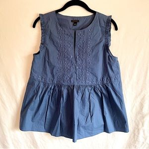 **NWOT** Ann Taylor, Dark Dusty Blue Cotton Embroidered Peplum Tank Blouse